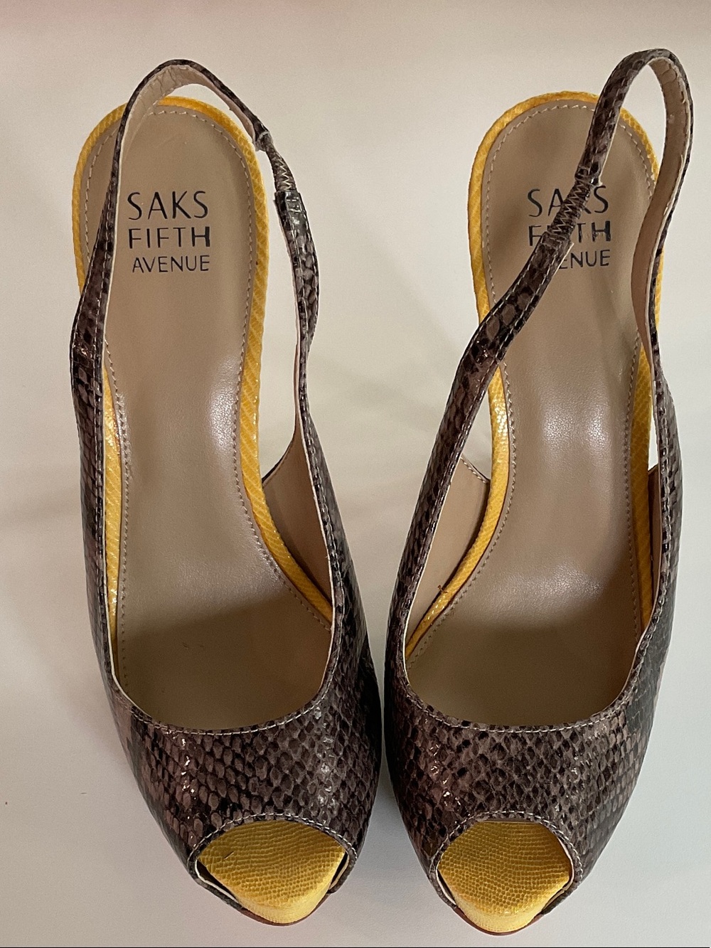 Saks Fifth Avenue Brown Snake-Print Slingback Peep-Toe Pumps with Yellow Insole